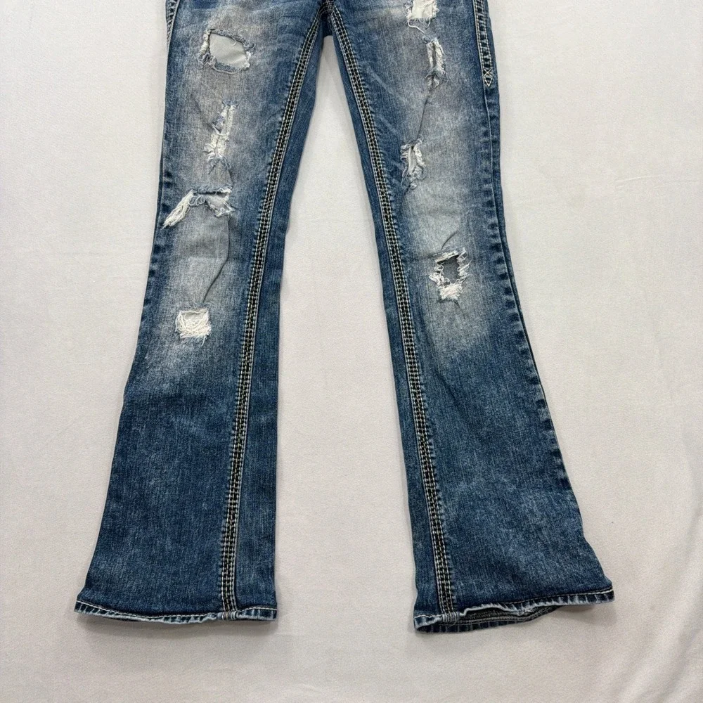 Rock Revival Jeans Sun Boot Distressed Embroidered Blue Women Size 26